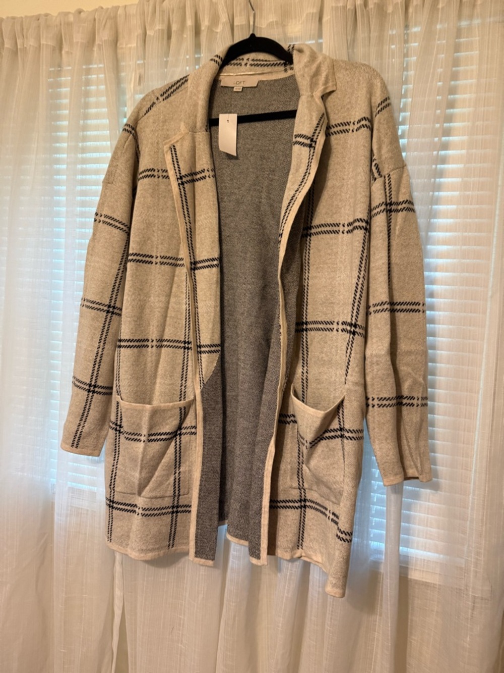 LOFT Cream Plaid Open-Front Pocket Cardigan